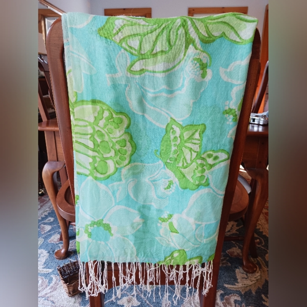 Lilly Pulitzer Murfee Scarf Shorely Blue "She's a Piston" Silk/cashmere